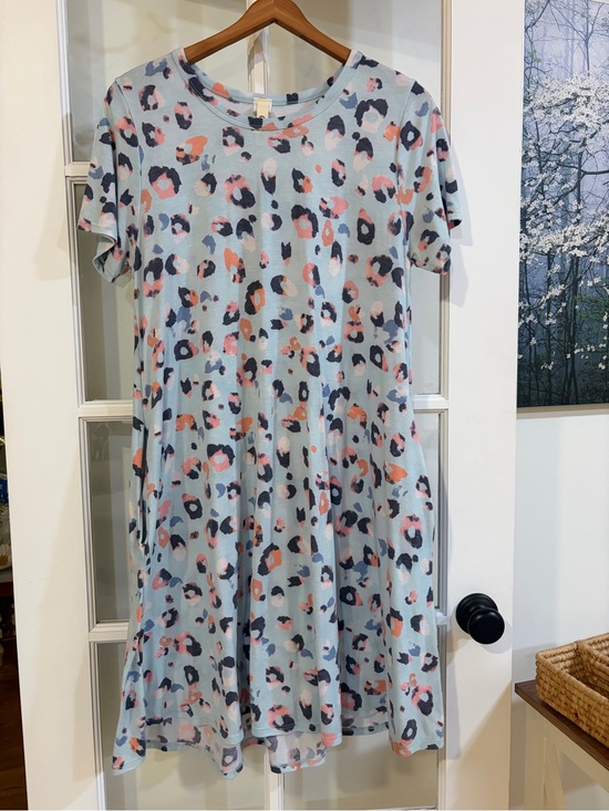 Crepas Dresses & Skirts - Light Blue Abstract Multicolor Leopard Print Babydoll Mini Dress Short Sleeve